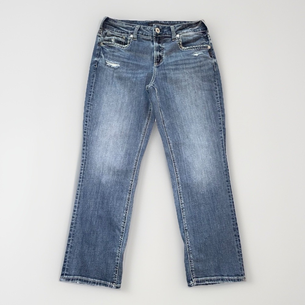 Silver Jeans Womens 32 Blue Denim Stretch Suki Capri Mid Rise 32x25.5 Distressed